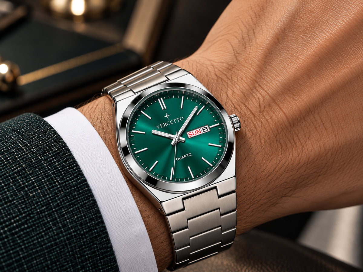 Propuesta VERCETTO: reloj con estrella y firma en una muñeca con camisa blanca y saco verde oscuro