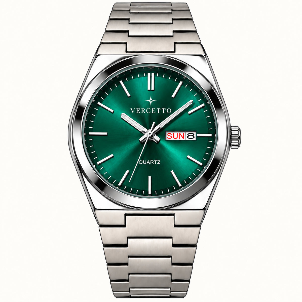 Propuesta VERCETTO: vista frontal completa del reloj con estrella sobre la firma VERCETTO y esfera verde